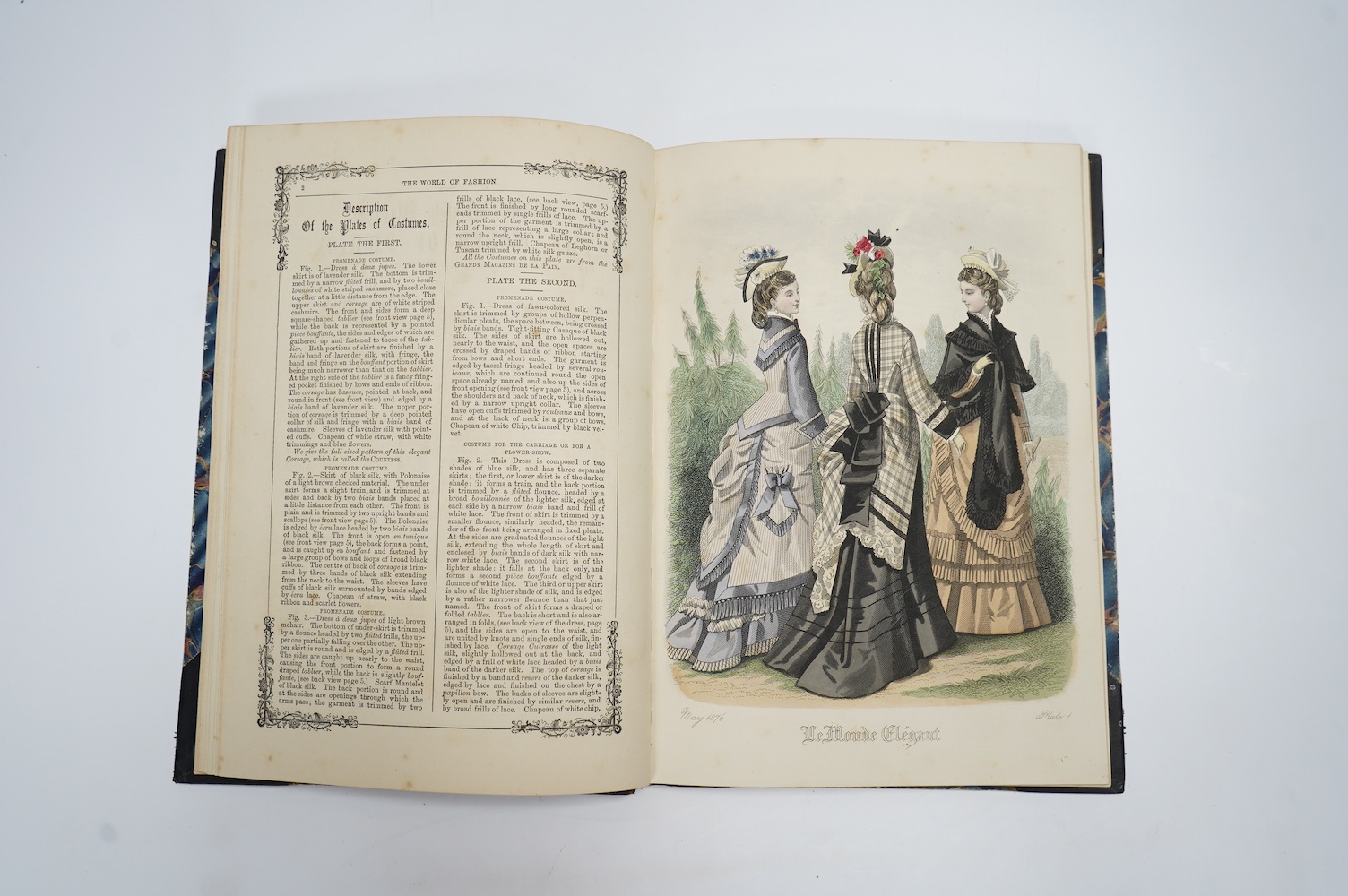 Fashion Plates - The Ladies Monthly Magazine - The World of Fashion - Le Monde Elegant, a collection of 49 hand-coloured steel engraved fashion plates, with text in two columns, 4to, half calf, London, 1875-79.